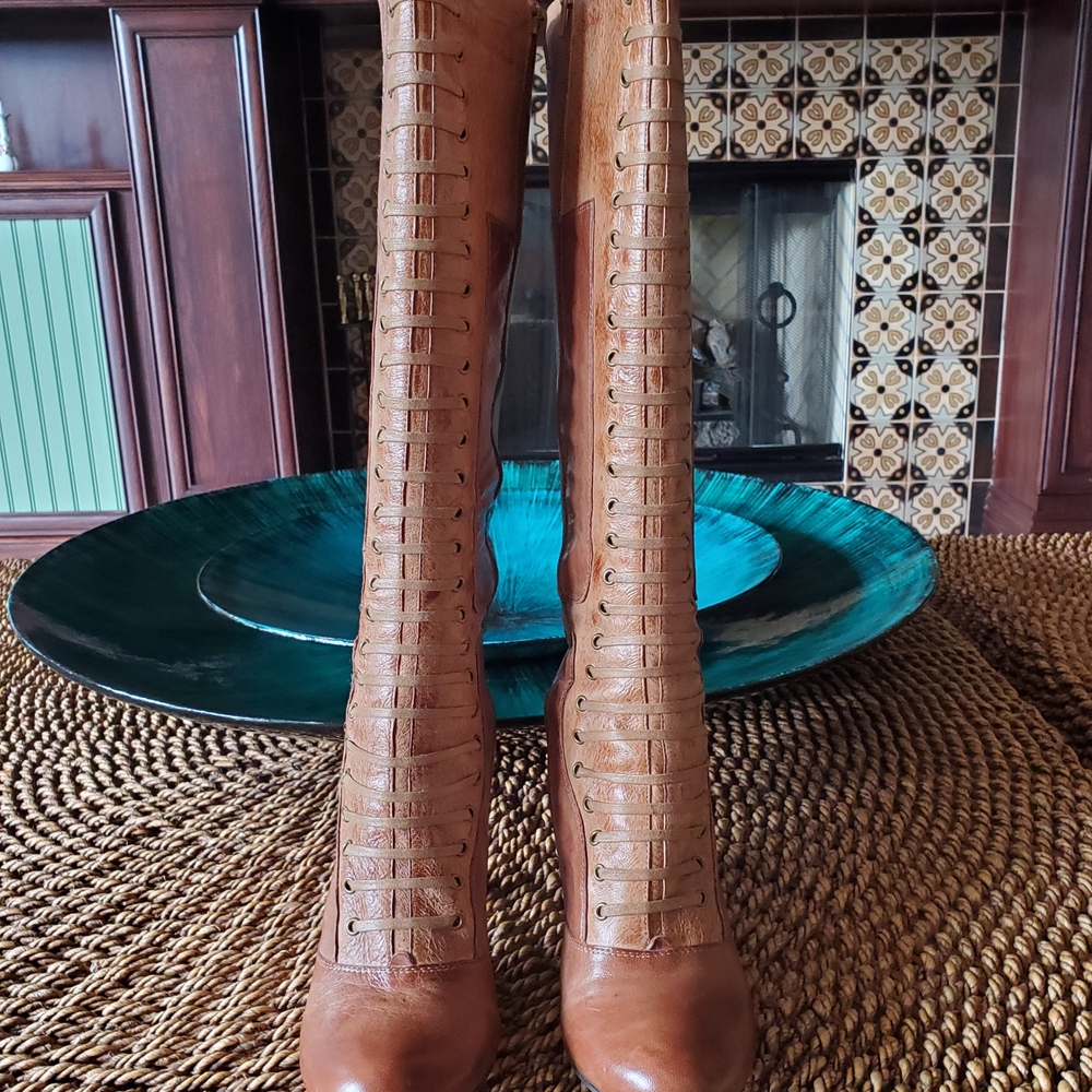 Miz Mooz Tan Leather Lace-Up Over-the-Knee Boots